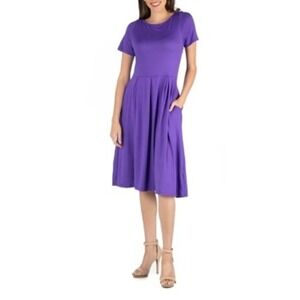 24seven Dress Womens XL Purple Solid Pleated Midi A-Line Flared Casual NWT‎